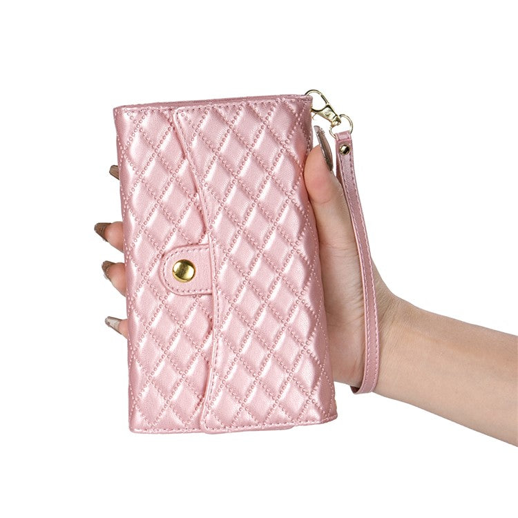 BKS-002 For iPhone 14 Pro Phone Case Zipper Pocket Flip Leather Wallet Cover with Long Strap - Rose Gold