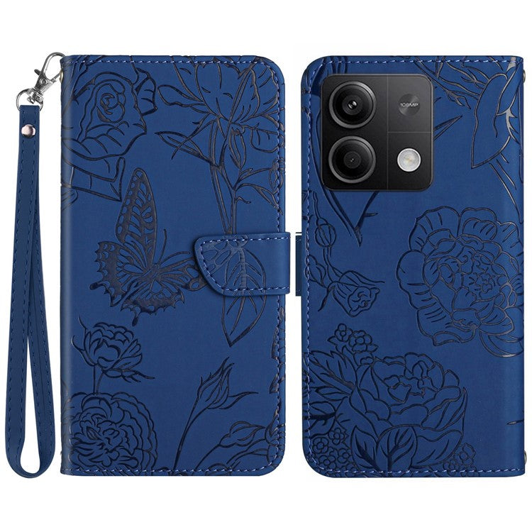 HT03 For Xiaomi Redmi Note 13 4G Case Leather Imprinted Phone Wallet Cover with Hand Strap - Blue