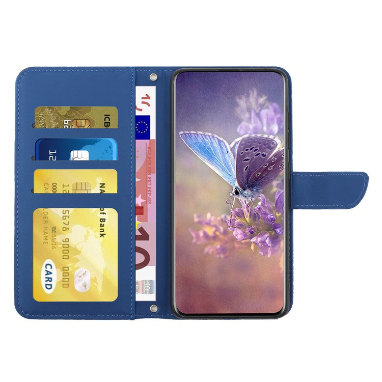 HT03 For Xiaomi Redmi Note 13 4G Case Leather Imprinted Phone Wallet Cover with Hand Strap - Blue