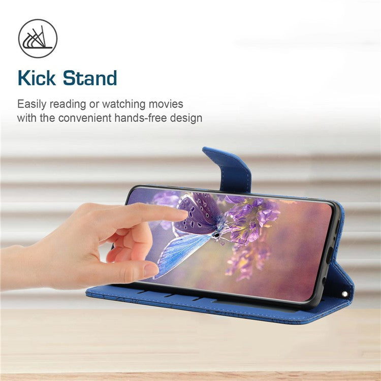 HT03 For Xiaomi Redmi Note 13 4G Case Leather Imprinted Phone Wallet Cover with Hand Strap - Blue