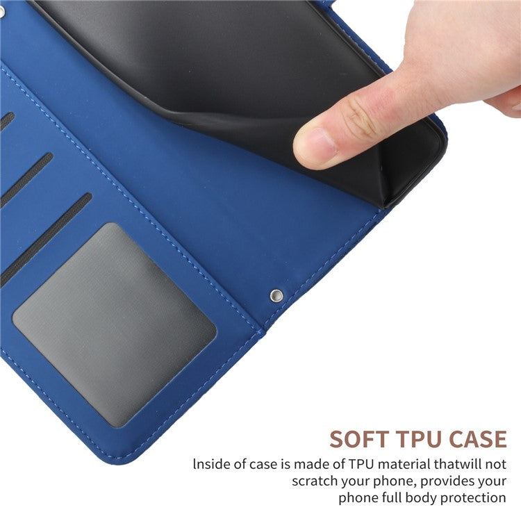 HT03 For Xiaomi Redmi Note 13 4G Case Leather Imprinted Phone Wallet Cover with Hand Strap - Blue