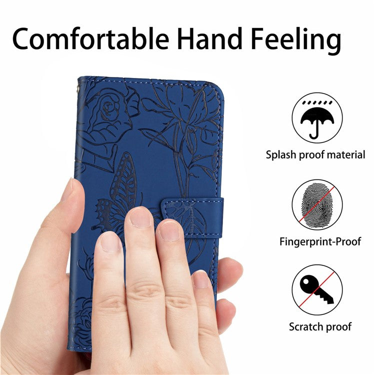 HT03 For Xiaomi Redmi Note 13 4G Case Leather Imprinted Phone Wallet Cover with Hand Strap - Blue