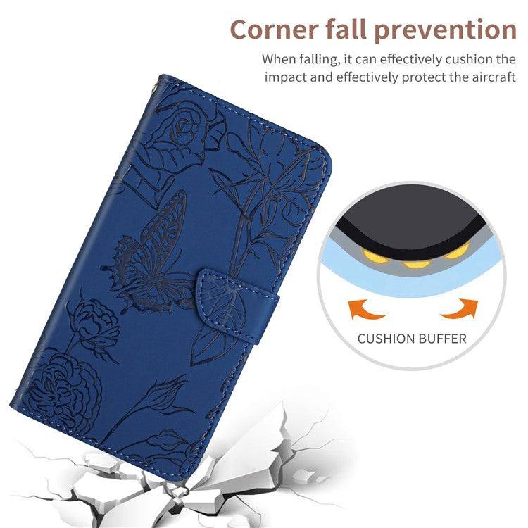 HT03 For Xiaomi Redmi Note 13 4G Case Leather Imprinted Phone Wallet Cover with Hand Strap - Blue