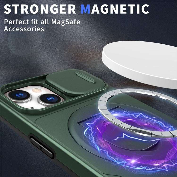 For iPhone 14 Plus / 15 Plus Kickstand Cover TPU+PC Magnetic Phone Case - Blackish Green