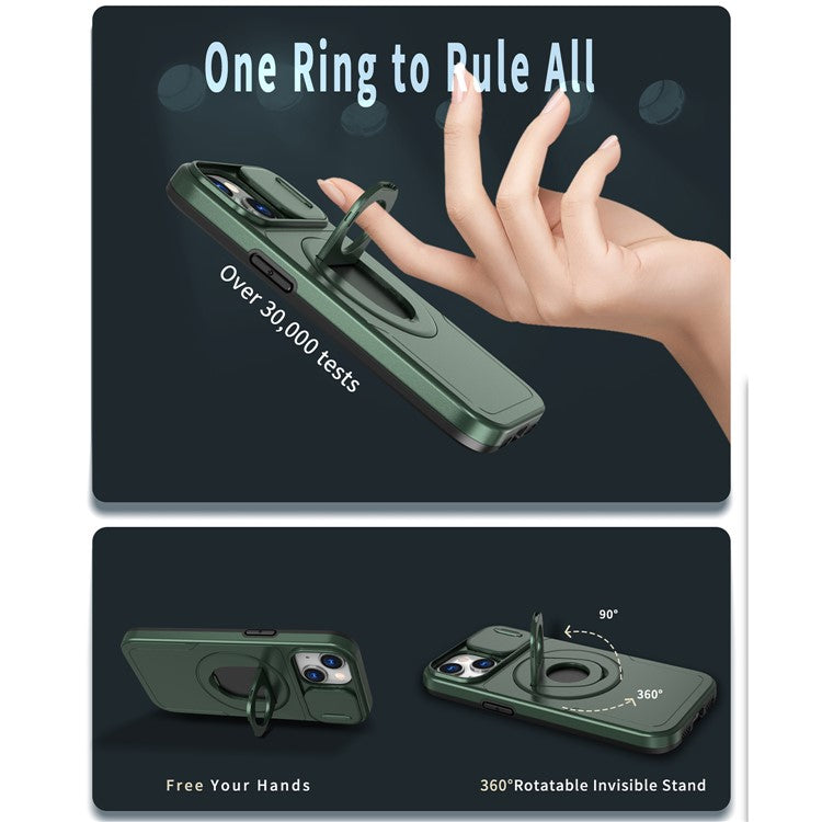 For iPhone 14 Plus / 15 Plus Kickstand Cover TPU+PC Magnetic Phone Case - Blackish Green