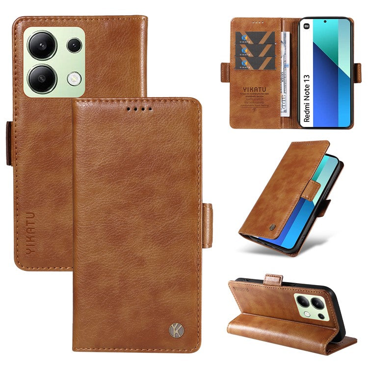YIKATU YK-007 For Xiaomi Redmi Note 13 4G Leather Case Litchi Texture Cover Phone Wallet - Brown