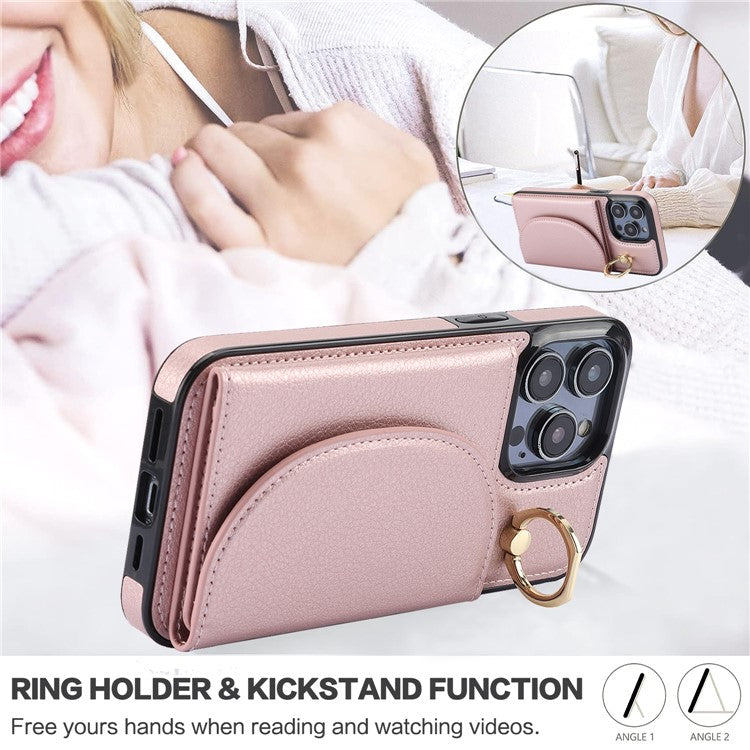 For iPhone 14 Pro Max Cell Phone Case RFID Blocking Card Bag PU+TPU Anti-drop Cover - Rose Gold