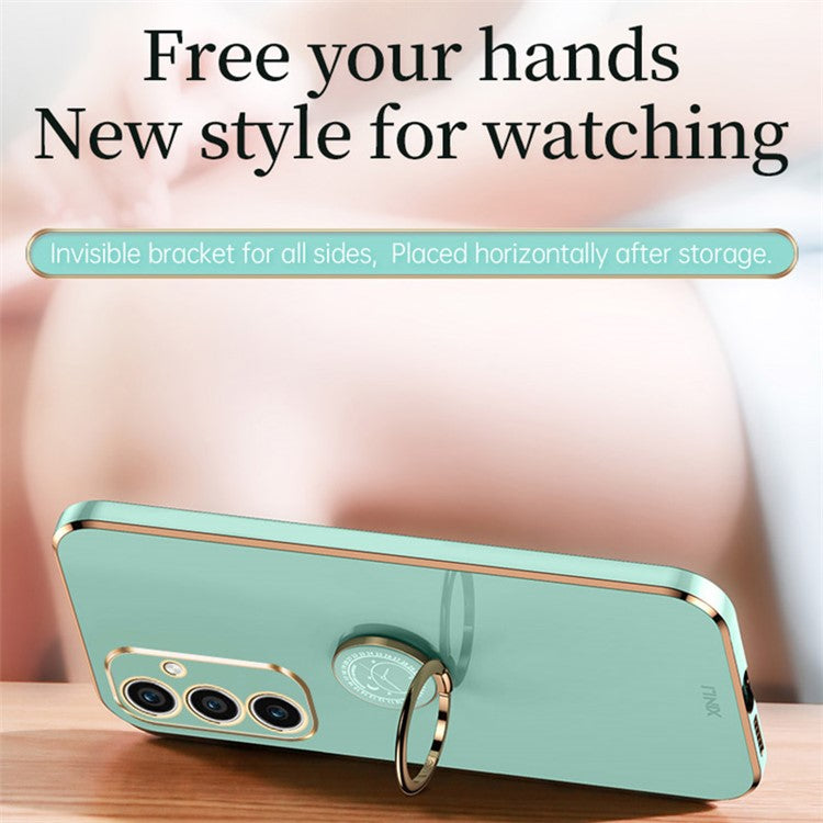 XINLI For Samsung Galaxy A55 5G Cell Phone Case Electroplating Gold Edge Kickstand Shell - Cyan