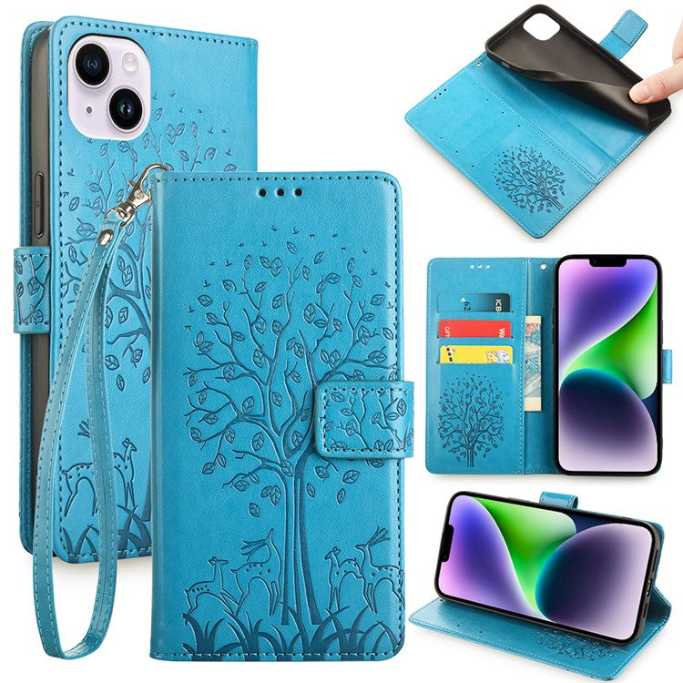 For iPhone 14 Plus Phone Cover Leather 3 Card Slots Imprinted Deer Tree Pattern Case - Blue
