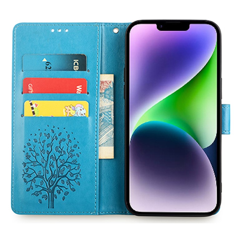For iPhone 14 Plus Phone Cover Leather 3 Card Slots Imprinted Deer Tree Pattern Case - Blue