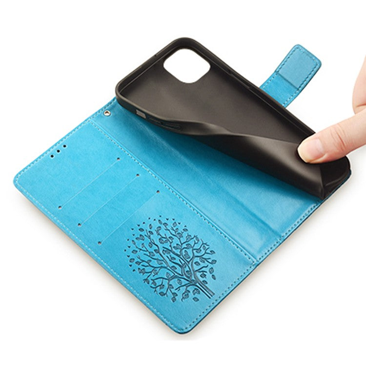 For iPhone 14 Plus Phone Cover Leather 3 Card Slots Imprinted Deer Tree Pattern Case - Blue