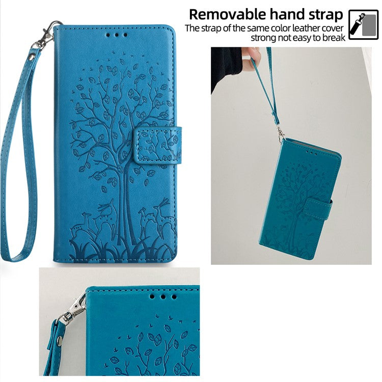 For iPhone 14 Plus Phone Cover Leather 3 Card Slots Imprinted Deer Tree Pattern Case - Blue