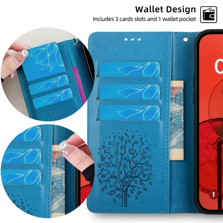 For iPhone 14 Plus Phone Cover Leather 3 Card Slots Imprinted Deer Tree Pattern Case - Blue