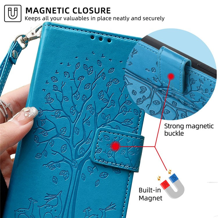 For iPhone 14 Plus Phone Cover Leather 3 Card Slots Imprinted Deer Tree Pattern Case - Blue