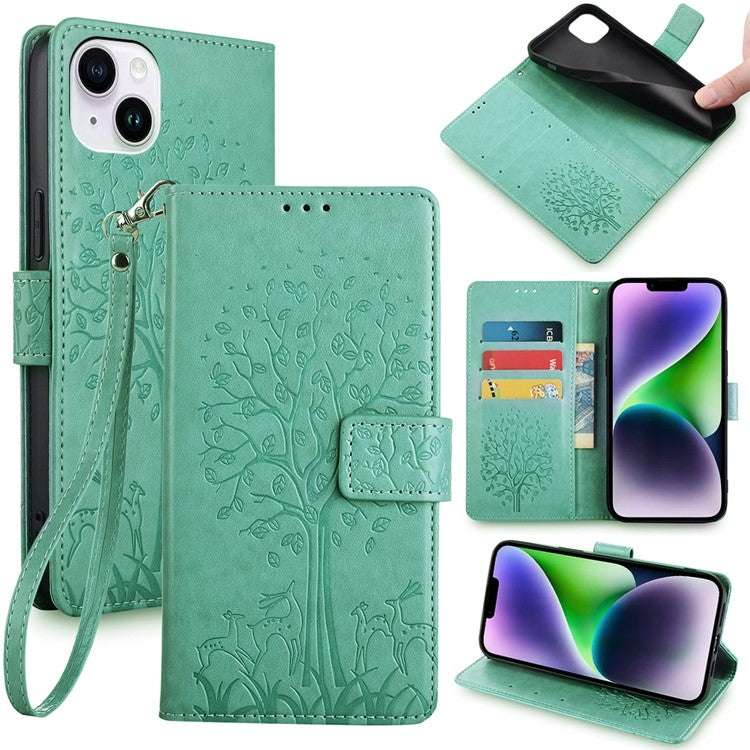 For iPhone 14 Plus Phone Cover Leather 3 Card Slots Imprinted Deer Tree Pattern Case - Green