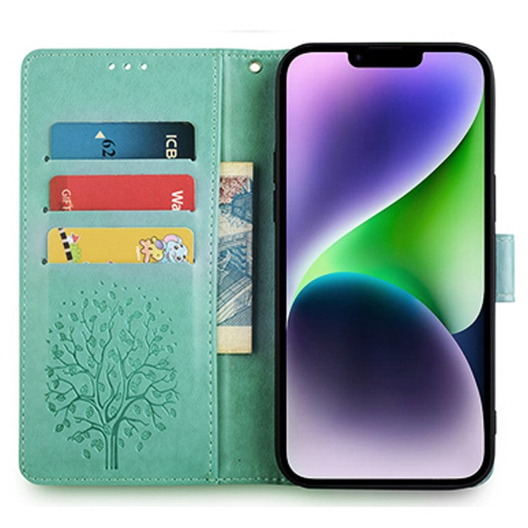 For iPhone 14 Plus Phone Cover Leather 3 Card Slots Imprinted Deer Tree Pattern Case - Green