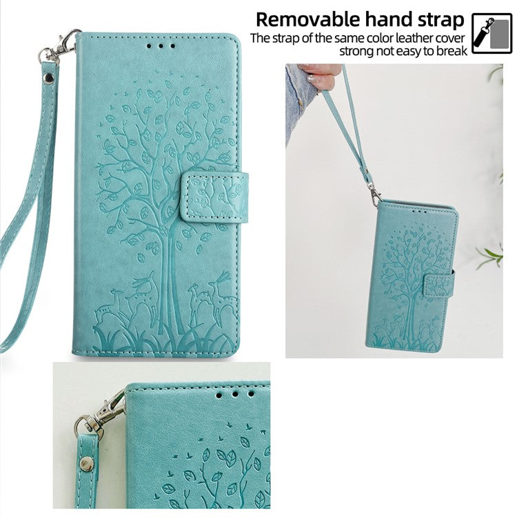 For iPhone 14 Plus Phone Cover Leather 3 Card Slots Imprinted Deer Tree Pattern Case - Green