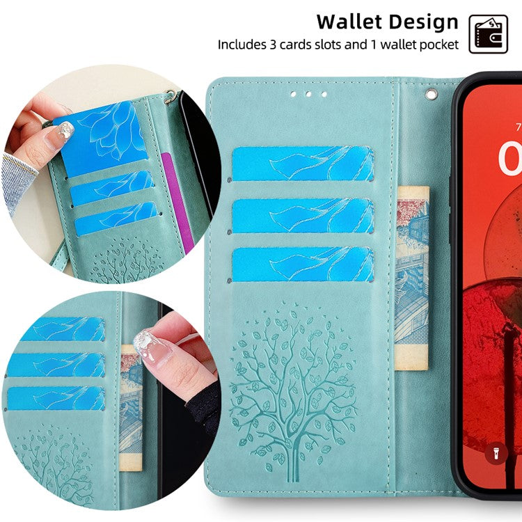 For iPhone 14 Plus Phone Cover Leather 3 Card Slots Imprinted Deer Tree Pattern Case - Green