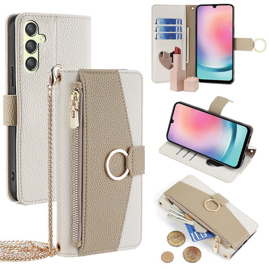 For Samsung Galaxy A24 4G (162.1 x 77.6 x 8.3mm) Case Crossbody PU Leather Cell Phone Cover - White