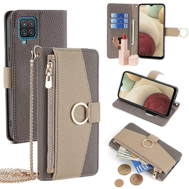 For Samsung Galaxy A12 Magnetic Case Zipper Pocket Wallet Cover with Crossbody Chain Strap - Grey