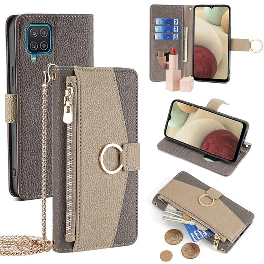 For Samsung Galaxy A12 Magnetic Case Zipper Pocket Wallet Cover with Crossbody Chain Strap - Grey