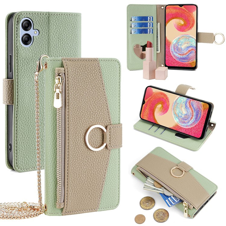 For Samsung Galaxy A04e 4G PU Leather Case Zipper Wallet Mirror Phone Cover with Shoulder Strap - Green