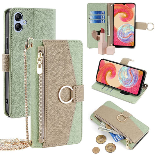 For Samsung Galaxy A04e 4G PU Leather Case Zipper Wallet Mirror Phone Cover with Shoulder Strap - Green