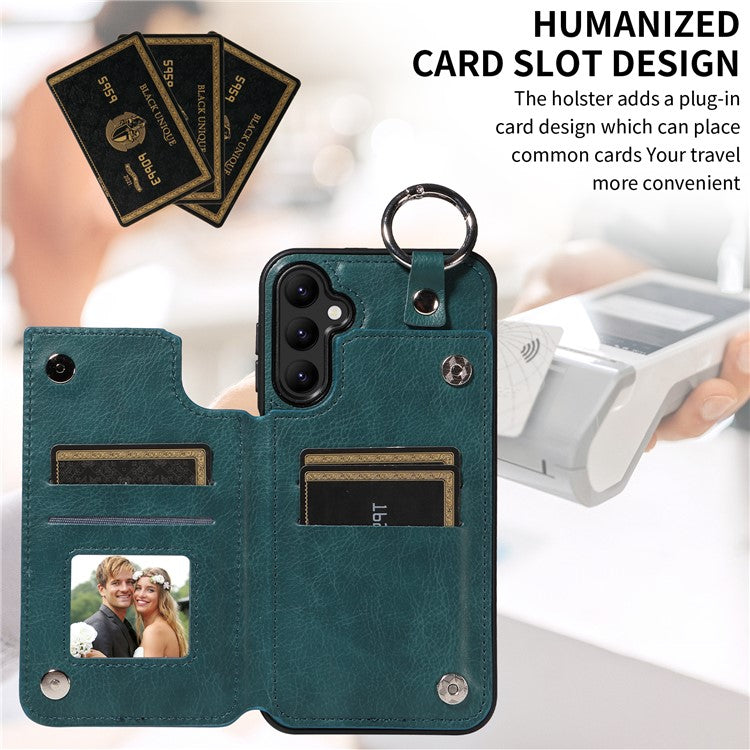 003 For Samsung Galaxy A25 5G (Global) (161.0 x 76.5 x 8.3mm) Case with Ring Holder Card Slots PU Leather Back Cover - Blue