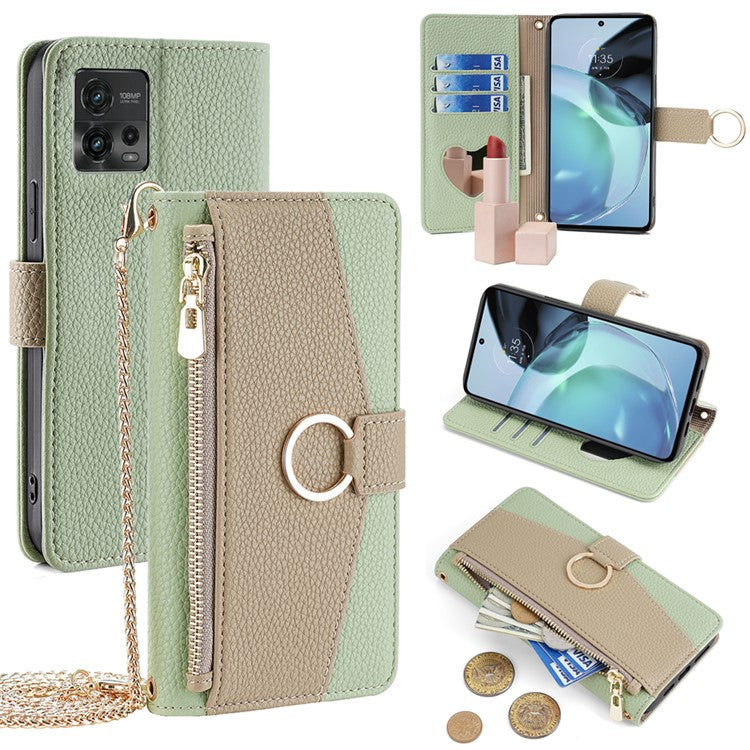 For Motorola Moto G72 4G Case Leather Phone Cover Stand Zipper Wallet Card Bag with Chain Strap - Green