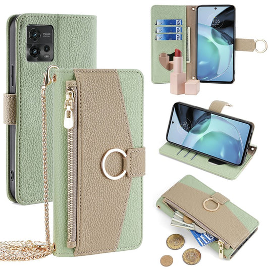 For Motorola Moto G72 4G Case Leather Phone Cover Stand Zipper Wallet Card Bag with Chain Strap - Green