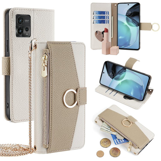 For Motorola Moto G72 4G Case Leather Phone Cover Stand Zipper Wallet Card Bag with Chain Strap - White