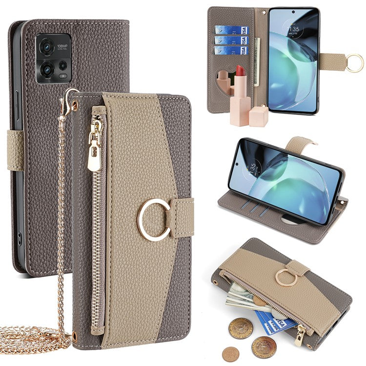For Motorola Moto G72 4G Case Leather Phone Cover Stand Zipper Wallet Card Bag with Chain Strap - Grey