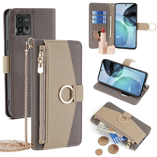 For Motorola Moto G72 4G Case Leather Phone Cover Stand Zipper Wallet Card Bag with Chain Strap - Grey