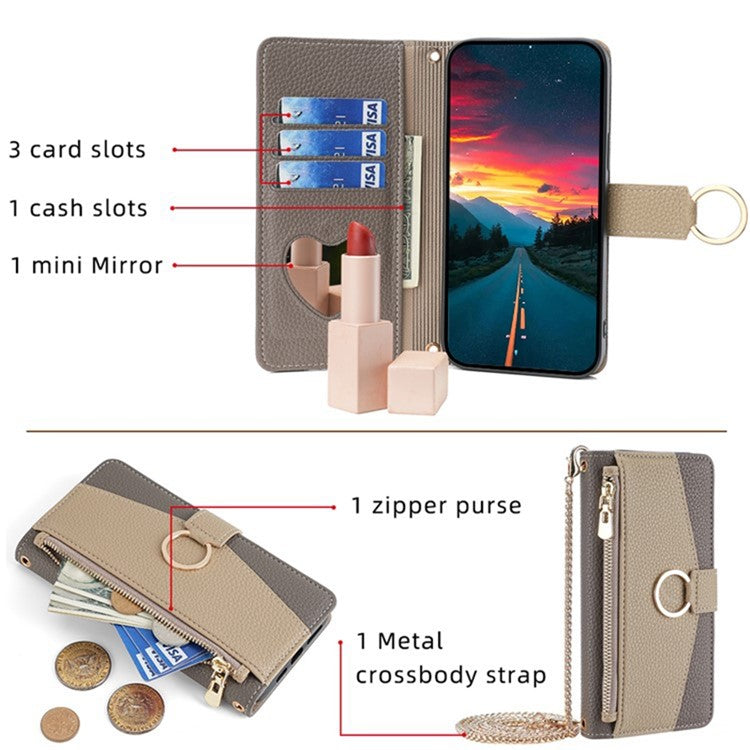 For Motorola Moto G72 4G Case Leather Phone Cover Stand Zipper Wallet Card Bag with Chain Strap - Grey