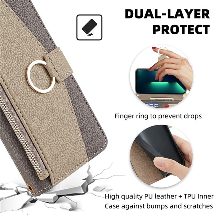 For Motorola Moto G72 4G Case Leather Phone Cover Stand Zipper Wallet Card Bag with Chain Strap - Grey