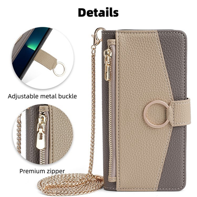 For Motorola Moto G72 4G Case Leather Phone Cover Stand Zipper Wallet Card Bag with Chain Strap - Grey