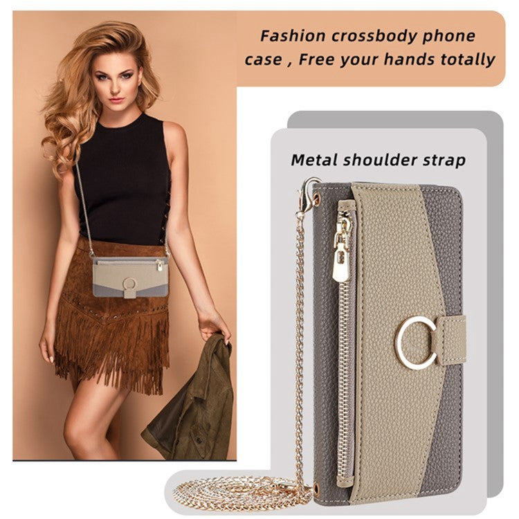 For Motorola Moto G72 4G Case Leather Phone Cover Stand Zipper Wallet Card Bag with Chain Strap - Grey