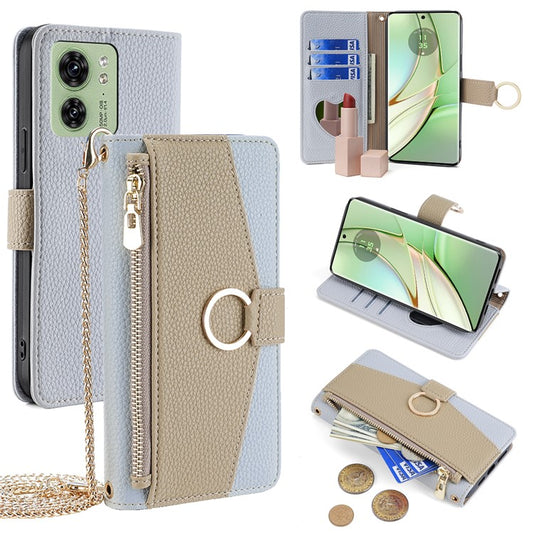 For Motorola Edge 40 5G Leather Case with Chain Strap Zipper Wallet Stand Phone Bag Cover - Blue