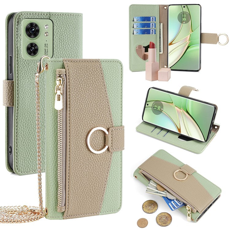 For Motorola Edge 40 5G Leather Case with Chain Strap Zipper Wallet Stand Phone Bag Cover - Green