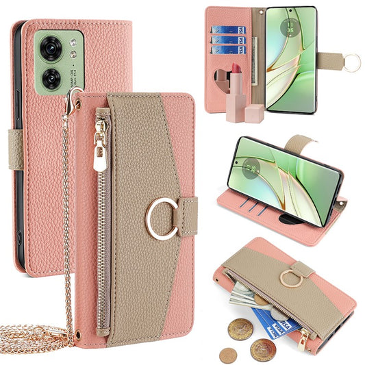 For Motorola Edge 40 5G Leather Case with Chain Strap Zipper Wallet Stand Phone Bag Cover - Pink
