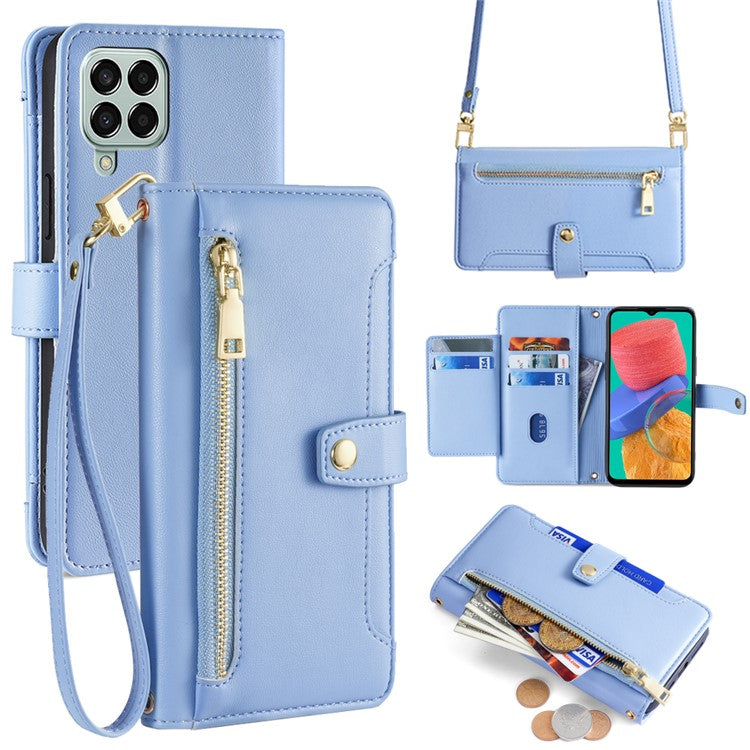 For Samsung Galaxy M33 5G (Global Version) Cell Phone Case Textured Leather Stand Cover with 2 Straps - Blue