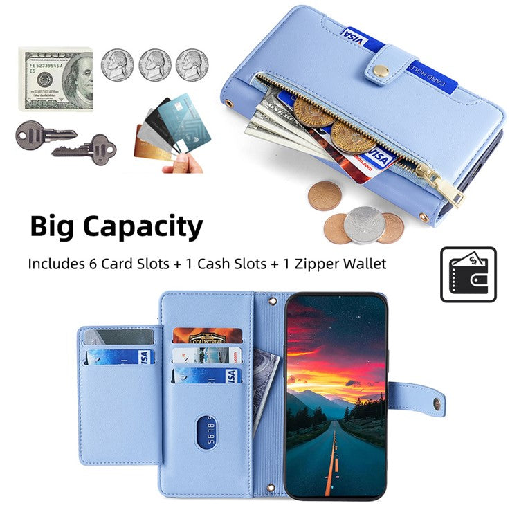 For Samsung Galaxy M33 5G (Global Version) Cell Phone Case Textured Leather Stand Cover with 2 Straps - Blue