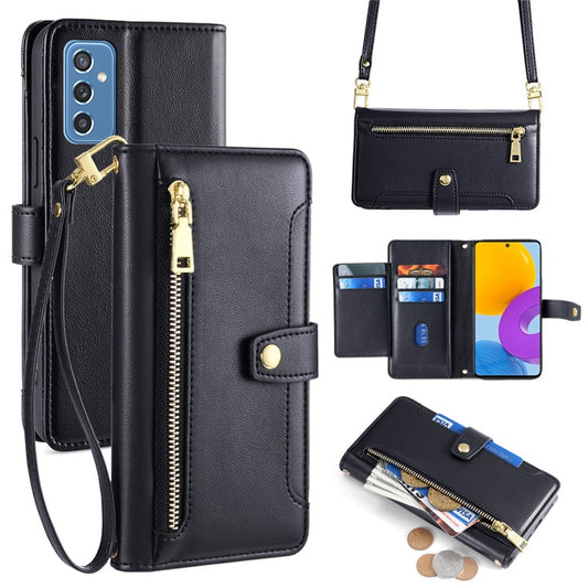 For Samsung Galaxy M52 5G Cell Phone Case Zipper Pocket Drop-proof Leather Wallet Stand Cover - Black