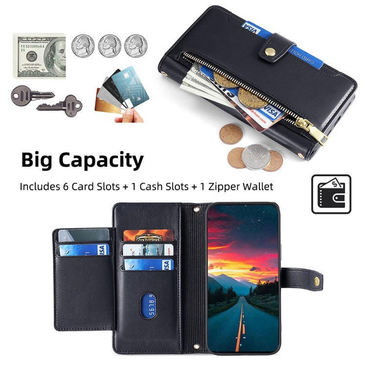 For Samsung Galaxy M52 5G Cell Phone Case Zipper Pocket Drop-proof Leather Wallet Stand Cover - Black