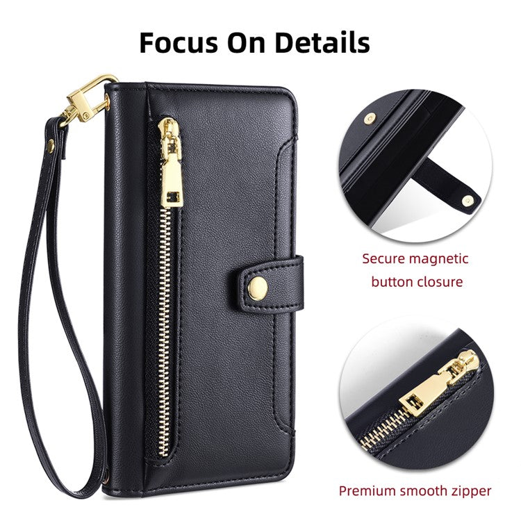 For Samsung Galaxy M52 5G Cell Phone Case Zipper Pocket Drop-proof Leather Wallet Stand Cover - Black