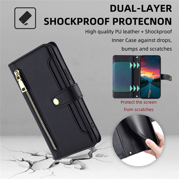 For Samsung Galaxy M52 5G Cell Phone Case Zipper Pocket Drop-proof Leather Wallet Stand Cover - Black
