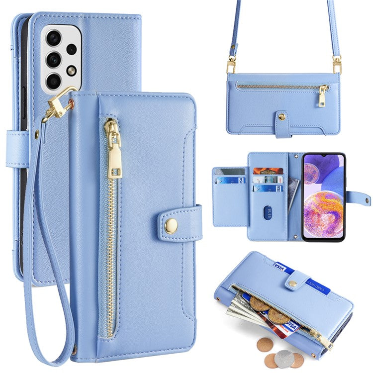 For Samsung Galaxy A23 5G (Global Version) Magnetic Phone Case PU Leather Stand Cover with Wrist Strap - Blue