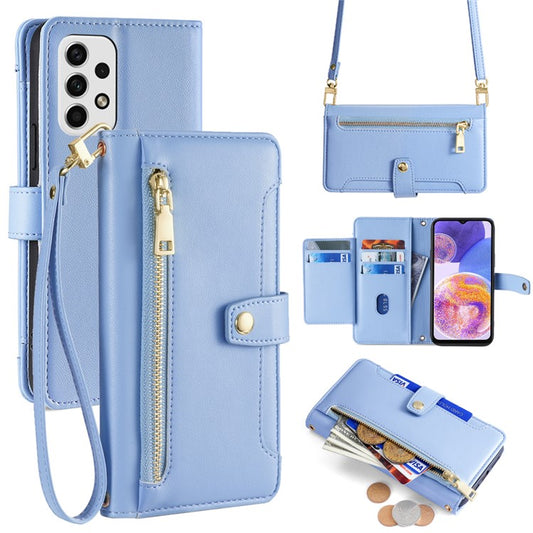 For Samsung Galaxy A23 5G (Global Version) Magnetic Phone Case PU Leather Stand Cover with Wrist Strap - Blue