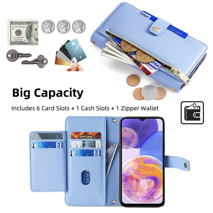 For Samsung Galaxy A23 5G (Global Version) Magnetic Phone Case PU Leather Stand Cover with Wrist Strap - Blue