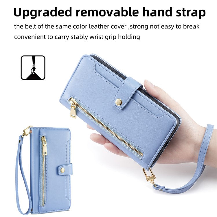 For Samsung Galaxy A23 5G (Global Version) Magnetic Phone Case PU Leather Stand Cover with Wrist Strap - Blue